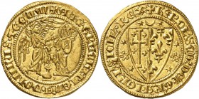 ITALIE
Naples, Charles II d’Anjou (1285-1309). Salut d’or.
Av. L’archange Gabriel et la Vierge Marie Rv. Ecu parti de Jérusalem et d’Anjou. MIR. 22,...