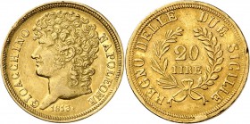 ITALIE
Naples, Joachim Murat (1807-1813). 20 lire or 1813, Naples.
Av. Tête nue à gauche. Rv. Valeur dans une couronne. Mont. 477, Fr. 860. 6,43 grs...