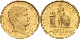 ITALIE
Naples, Ferdinand II (1830-1859). 30 ducats 1831, Naples.
Av. Tête nue à droite. Rv. Génie debout de face tenant un bouclier et la main sur u...