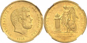 ITALIE
Naples, Ferdinand II (1830-1859). 30 ducats 1852, Naples.
Av. Tête nue à droite. Rv. Génie debout à gauche tenant un bouclier et la main sur ...