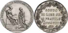 ITALIE
République Cisalpine (1797-1802). Scudo de 6 lire An VIII (1800), Milan.
Av. Allégorie de la République Française assise tendant la main à la...