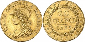 ITALIE
Gaule Subalpine (1800-1802). 20 francs Marengo An 9, Turin.
Av. Buste casqué et lauré de la République à gauche. Rv. Valeur dans une couronne...