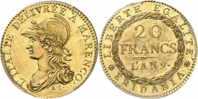 ITALIE
Gaule Subalpine (1800-1802). 20 francs Marengo An 9, Turin.
Av. Buste casqué et lauré de la République à gauche. Rv. Valeur dans une couronne...