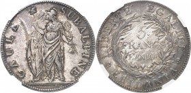 ITALIE
République subalpine (1800-1802). 5 francs An 10, Turin.
Av. La République et la Gaule Subalpine. Rv. Valeur dans une couronne. Mont. 10. 
N...