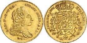 ITALIE
Charles III d’Espagne Duc de Bourbon (1734-1759). 6 Ducats 1753, Naples.
Av. Buste drapé à droite. Rv. Phénix sous un soleil. Gig. 5, Fr. 843...