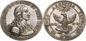 ITALIE
Sicile, Ferdinand III de Bourbon (1759-1816). Once de 30 tari 1791, Palerme.
Av. Buste habillé à droite. Rv. Phénix sous un soleil. Mir. 597,...