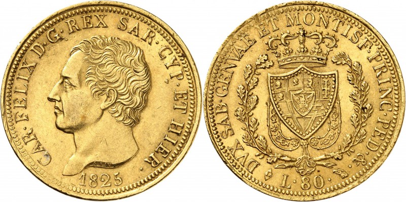 ITALIE
Charles-Felix (1821-1831). 80 lire 1825, Turin.
Av. Tête nue à gauche. ...