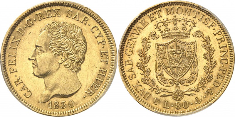 ITALIE
Charles-Felix (1821-1831). 80 lire 1830, Gênes.
Av. Tête nue à gauche. ...