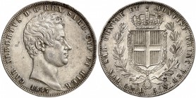 ITALIE
Charles Albert (1831-1849). 5 lire 1847, Gênes.
Av. Tête nue à gauche. Rv. Écu dans une couronne. Mont. 136, Fr. 1145. 24,87 grs. 
TTB