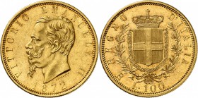 ITALIE
Victor Emmanuel II (1861-1878). 100 lire 1872, Rome.
Av. Tête nue à gauche. Rv. Ecu couronné. M. 127, Fr. 9. 
PCGS AU 58+. Superbe