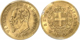 ITALIE
Victor Emmanuel II (1861-1878). 5 lire or 1863, Turin.
Av. Tête nue à gauche. Rv. Ecu couronné. Mont. 159, Fr.16. 1,60 grs. 
PCGS MS 63. Rar...