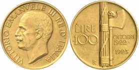 ITALIE
Victor Emmanuel III (1900-1946). 100 lire 1923 R, Rome.
Av. Buste nu à gauche. Rv. Faisceau. Mont. 14, Fr. 30. 32,25 grs. 
PCGS MS 62. Flan ...