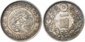 JAPON
Mutsuhito (1867-1912). 1 yen 1874 .
Av. Dragon. Rv. Couronne. Km. YA25.1, JNDA 01-10. 
PCGS MS 62. Rare et Superbe
