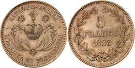 MADAGASCAR
Ranavalona III (1883-1897). 5 francs 1883, essai en bronze. 3ème type.
Av. Couronne au centre. Rv. Valeur dans une couronne. L. 23 
PCGS...