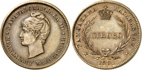 MADAGASCAR
Ranavalona III (1883-1897). Kirobo en cuivre 1891.
Av. Tête nue à gauche. Rv. Valeur dans une couronne. L. 12a. 4,76 grs. 
Très rare, Su...