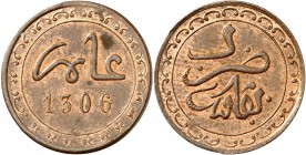 MAROC
Hassan Ier (1290-1311 – 1873-1894). 1/4 fels ou 1/16 mouzouna 1306 (1889), Fez, présérie.
Av. Date Rv. Atelier. L. 8. 0,71 grs. 
PCGS MS 63 R...