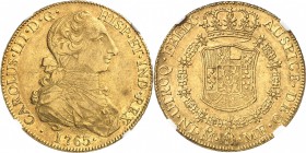 MEXIQUE
Charles III (1759-1788). 8 Escudos 1765, Mexico.
Av. Buste habillé à droite. Rv. Écu couronné et entouré du collier de l’ordre de la Toison ...