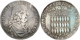MONACO
Honoré II (1604-1662). Écu 1653.
Av. Buste cuirassé à droite. Rv. Écu couronné aux armes des Grimaldi. CC. 34, G. MC30. 25,50 grs. 
TTB...