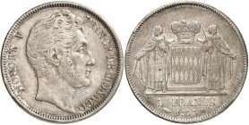 MONACO
Honoré V (1819-1841). 5 francs 1837, étoile entre le D et le E de DEO sur la tranche.
Av. Tête à droite. Rv. Écu couronné aux armes des Grima...
