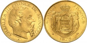MONACO
Charles III (1856-1889). 20 francs 1878, Paris.
Av. Tête nue à droite. Rv. Écu des Grimaldi posé sur un manteau couronné. CC. 178, Fr. 12. 
...