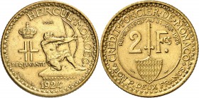 MONACO
Louis II (1922-1949). 2 francs 1924, essai.
Av. Héraclès à droite. Rv. Valeur, légende circulaire. CC. 181, G. MC129. 8,01 grs. 
Superbe