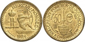 MONACO
Louis II (1922-1949). 50 centimes 1924, essai.
Av. Héraclès à droite. Rv. Valeur, légende circulaire. CC. 183, G. MC125. 2,08 grs. 
Superbe...