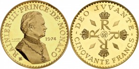 MONACO
Rainier III (1949-2005). 50 francs or 1974, piéfort.
Av. Buste habillé à droite. Rv. Quatre R couronnés. CC. 208, G. 162. 102,60 grs. 
Un ch...