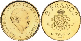 MONACO
Rainier III (1949-2005). 2 francs or 1982, essai.
Av. Tête à droite. Rv. Écu des Grimaldi couronné. CC. 212, G. 136. 
PCGS SP 68, Fleur de c...