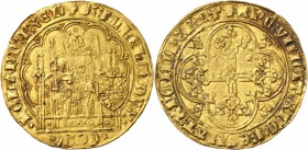 PAYS-BAS
Hollande, Guillaume VI (1404-1417). Chaise d’or.
Av. Le roi assis dans une stalle gothique. Rv. Croix quadrilobée et fleuronnée, dans un qu...