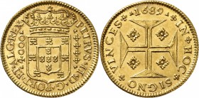 PORTUGAL 
Pierre II (1683-1706). 4.000 reis 1689, Lisbonne.
Av. Écu couronné. Rv. Croix. Fr. 76, Gomes. 99.02. 10,77 grs. 
Superbe à Fleur de coin...