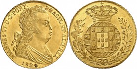 PORTUGAL 
Jean VI (1816-1826). 6400 reis 1824, Lisbonne.
Av. Buste lauré à droite. Rv. Écu du Brésil et du Portugal couronné. Fr. 128. 14,33 grs. 
...