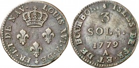 RÉUNION (ÎLE DE LA)
Île de France et Bourbon. 3 sols 1779, Paris.
Av. Trois lis couronnés. Rv. Valeur et date en trois lignes. L. 6. 2,04 grs. 
TB ...