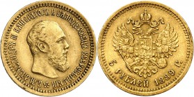 RUSSIE
Alexandre III (1881-1894). 5 roubles 1889 AГ, Saint-Pétersbourg.
Av. Tête à droite. Rv. aigle impérial couronnée. Fr. 168. 6,44 grs. 
TTB à ...