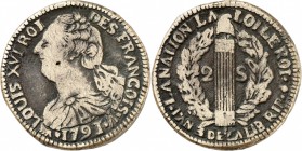 SAINT-DOMINGUE
(1793-1801). Imitation du 2 sols constitutionnel 1791 Paris.
Av. Buste à gauche. Rv. Faisceau dans une couronne. L. 10. 20,18 grs. 
...