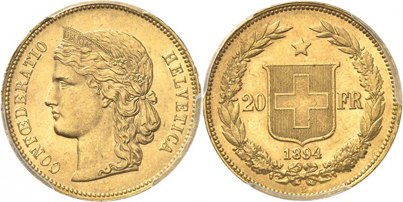 SUISSE
Confédération Helvétique (1848- à nos jours). 20 francs 1894, Berne.
Av...