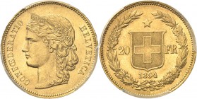 SUISSE
Confédération Helvétique (1848- à nos jours). 20 francs 1894, Berne.
Av. Tête à gauche. Rv. Valeur dans une couronne. Fr. 495. 6,45 grs. 
PC...
