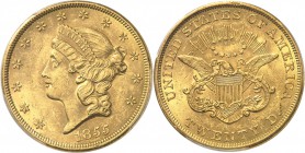 USA
20 dollars 1855, Philadelphie.
Av. Tête de Liberté à gauche. Rv. Aigle aux ailes déployées. Fr. 169. 
PCGS MS 61, rare