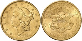 USA
20 dollars Liberté 1861, San Francisco.
Av. Tête de Liberté à gauche. Rv. Aigle aux ailes déployées. Fr. 172. 
PCGS AU 58.