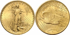 USA
20 dollars « Saint-Gaudens » 1913, San Francisco.
Av. Liberté de face brandissant un flambeau ainsi qu’une branche d’olivier. Rv. Aigle volant à...