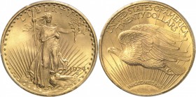 USA
20 dollars « Saint-Gaudens » 1924, Philadelphie.
Av. Liberté de face brandissant un flambeau ainsi qu’une branche d’olivier. Rv. Aigle volant à ...