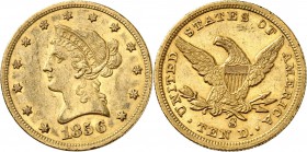 USA
10 dollars Liberté 1856, San Francisco.
Av. Tête de Liberté à gauche. Rv. Aigle aux ailes déployées. Fr. 157. 
PCGS AU 55.