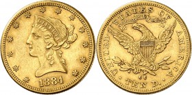 USA
10 dollars Liberté 1884, Carson City.
Av. Tête de Liberté à gauche. Rv. Aigle aux ailes déployées. Fr . 161. 
PCGS AU 55.