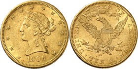 USA
10 dollars Liberté 1906, Denver.
Av. Tête de Liberté à gauche. Rv. Aigle aux ailes déployées. Fr. 162. 
PCGS AU 55.