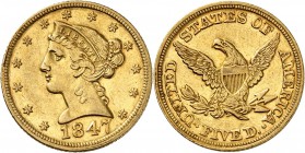 USA
5 dollars Liberté 1847, Philadelphie.
Av. Tête de Liberté à gauche. Rv. Aigle aux ailes déployées. Fr. 138. 
PCGS AU 53.