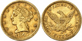 USA
5 dollars Liberté 1847, Dahlonega.
Av. Tête de Liberté à gauche. Rv. Aigle aux ailes déployées. Fr. 140. 
PCGS AU 50.