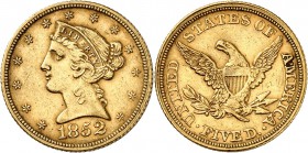 USA
5 dollars Liberté 1852, Philadelphie.
Av. Tête de Liberté à gauche. Rv. Aigle aux ailes déployées. Fr. 138. 
PCGS AU 53.