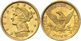 USA
5 dollars Liberté 1852, Dahlonega.
Av. Tête de Liberté à gauche. Rv. Aigle aux ailes déployées. Fr. 140. 
PCGS AU 53.