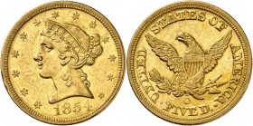 USA
5 dollars Liberté 1854, Nouvelle Orléans.
Av. Tête de Liberté à gauche. Rv. Aigle aux ailes déployées. Fr. 141. 
PCGS AU 53.