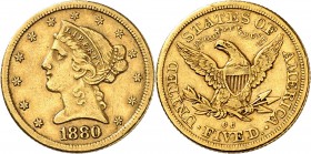 USA
5 dollars Liberté 1880, Carson City.
Av. Tête de Liberté à gauche. Rv. Aigle aux ailes déployées. Fr. 146. 
PCGS XF 40.
