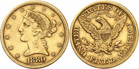 USA
5 dollars Liberté 1880, Carson City.
Av. Tête de Liberté à gauche. Rv. Aigle aux ailes déployées. Fr. 146. 
PCGS XF 40.